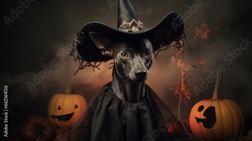 Xoloitzcuintli dog trick or treating on Halloween photo