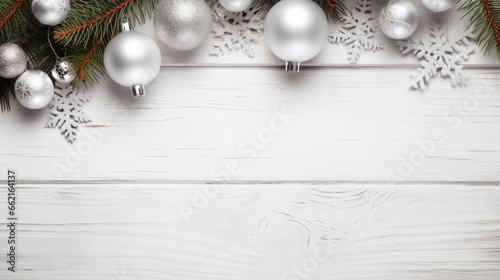 Christmas decoration on white wooden background. Top view with copy space.