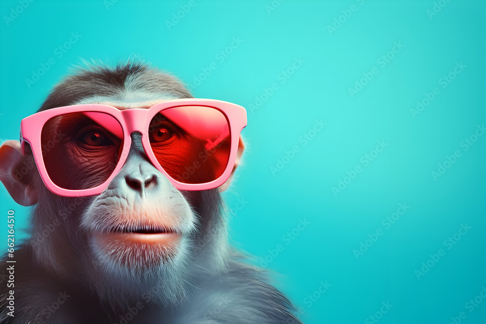 Monkey Sporting Sunglasses Against a Solid Pastel Background – Perfect for Commercial, Editorial, and Surreal Advertisement Campaigns