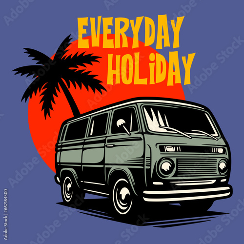 Retro van vector illustration. Vintage design of retro van with everyday holiday text. Minibus with sunset and palm tree illustration