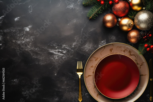 Christmas table setting. Top view with copy space on dark stone background