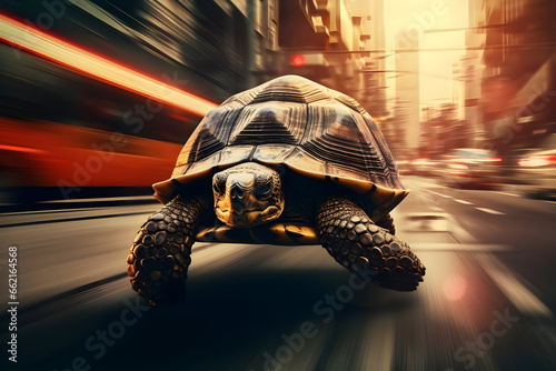 A Swift Turtle Takes City road by Surprise as It Navigates a Busy Street with Remarkable Speed