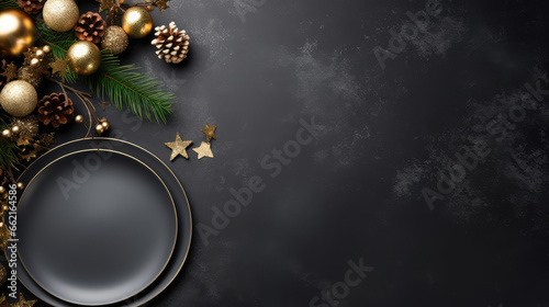 Christmas and New Year background with black plate  golden christmas decorations and fir tree branches on dark background. Top view with copy space.