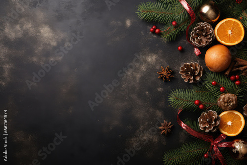 Christmas background with fir tree branches, oranges and spices. Top view with copy space