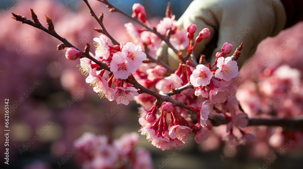 Cherry Blossom Pruning: A close-up of hands delicately pruning cherry blossom trees in a beautiful spring orchard, ensuring a stunning bloom. Cherry Blossom Pruning: A close-up of hands delicately pruning cherry blossom trees in a beautiful spring orchard, ensuring a stunning bloom.