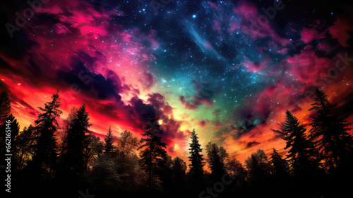 Fantastic colorful sky with stars and nebula in the forest