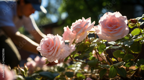 Garden Pruning: A gardener skillfully pruning rose bushes in a beautifully landscaped garden.