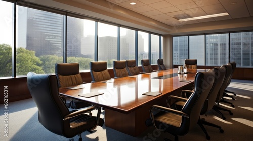 A corporate boardroom with a long, polished table