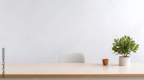 A minimalist office cubicle with a plant on the desk