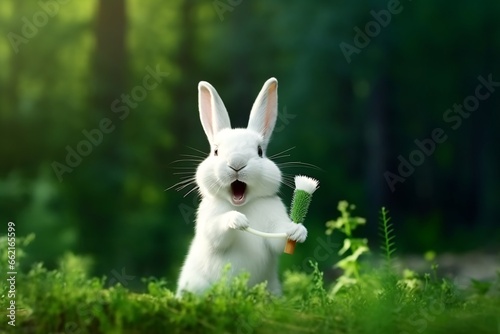 White rabbit on a background of green grass with a toothbrush in its paw. Background with copy space.