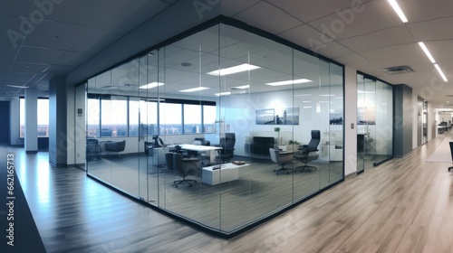 A panoramic view of an office floor with glass partitions