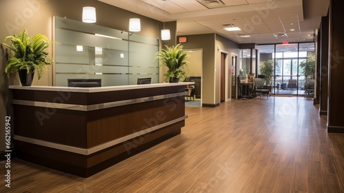 An office reception area with a warm and inviting atmosphere