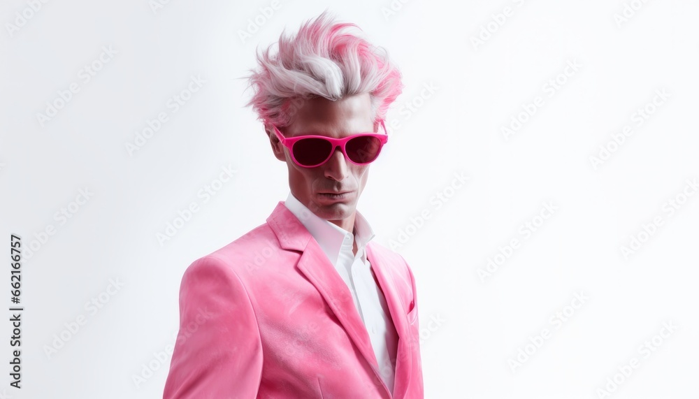 Man with pink suit, hair and glasses concept in front of a bright background, copy space Man with pink suit, hair and glasses concept in front of a bright background, copy space