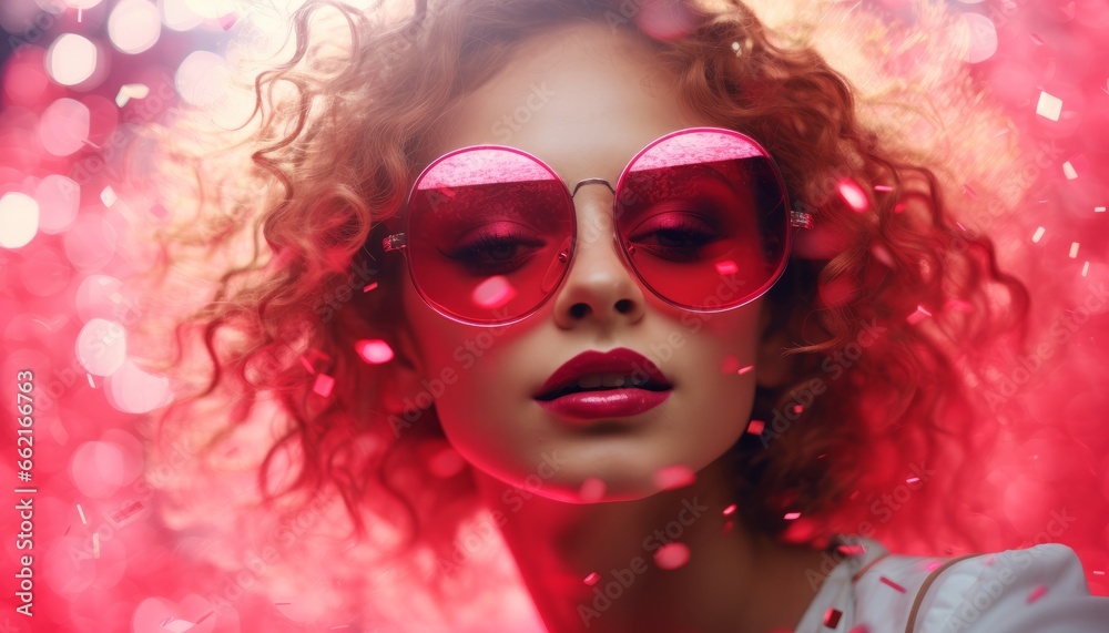 young woman with curly hair and big pink sunglasses in front of a glittering background