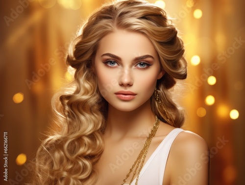 Blond model woman with long hair. Care and beauty hair products gold background 