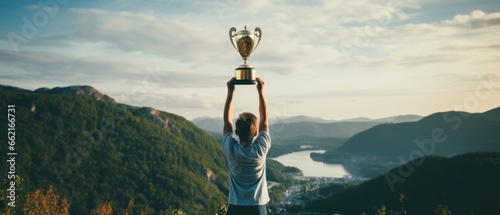 a boy holds a large cup aloft, symbolically on a high mountain overlooking the valley with river photo