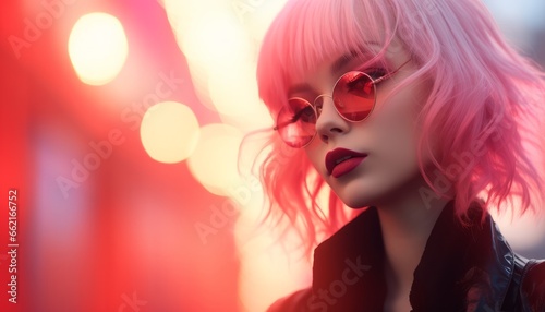 Young Asian woman with pink hair and pink sunglasses lenses in front of a pink blurry background