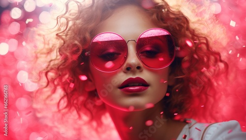 young woman with curly hair and big pink sunglasses in front of a glittering background