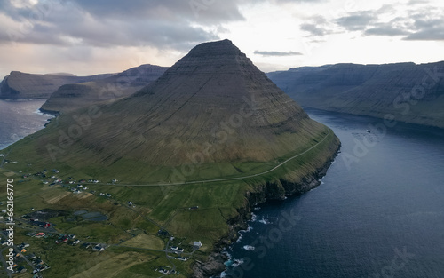 View on town Vidareidi from mountain Villingardalsfjall and Cape Enniberg Faroe islands. Kingdom of Denmark  Nordic Countries  Scandinavia  Europe