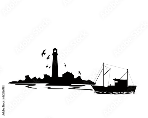 Silhouette de phare sur un rocher en mer avec mouettes en vol et chalutier au premier plan