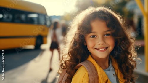 Photo of a girl standing in front of a yellow school bus photo