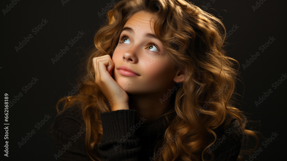 Creative and thoughtful girl has an idea in mind, touching her chin, looking thoughtful up , frowning thinking or making a choice Creative and thoughtful girl has an idea in mind, touching her chin, looking thoughtful up , frowning thinking or making a choice