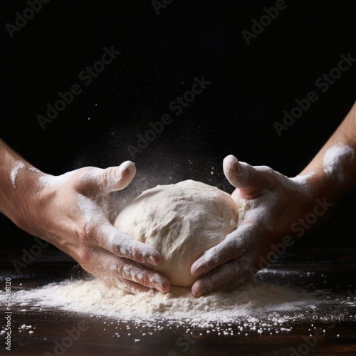 Pastry chef or baker kneading dough with flour, for sweets, rolls or Italian pizza or pasta. On a black background for design, for advertising or a signboard on a bakery, bakery banner