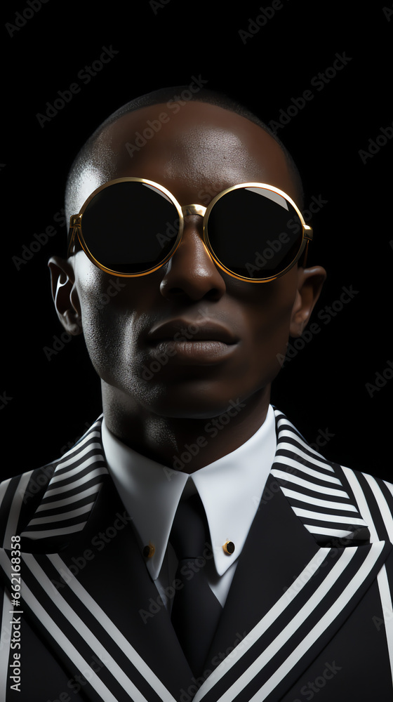 Schöner schwarzer Mann mit Sonnenbrille und schwarz weiß gestreiften Anzug