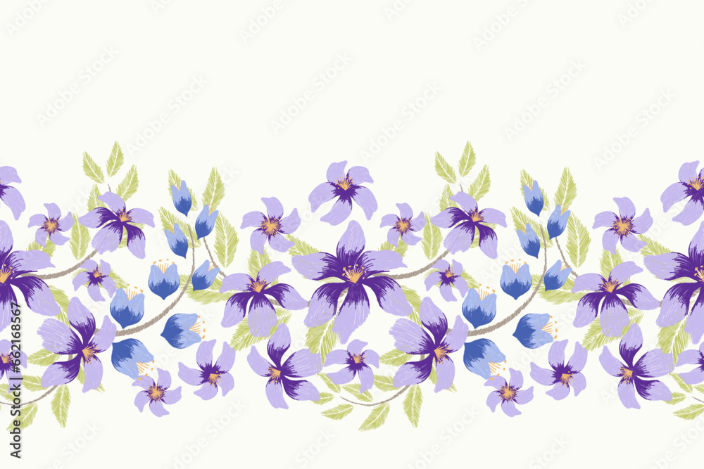  Floral Ikat pattern seamless paisley embroidery border with orchid flower motifs background border oriental Japanese style. Ikat pattern seamless vector illustration design .