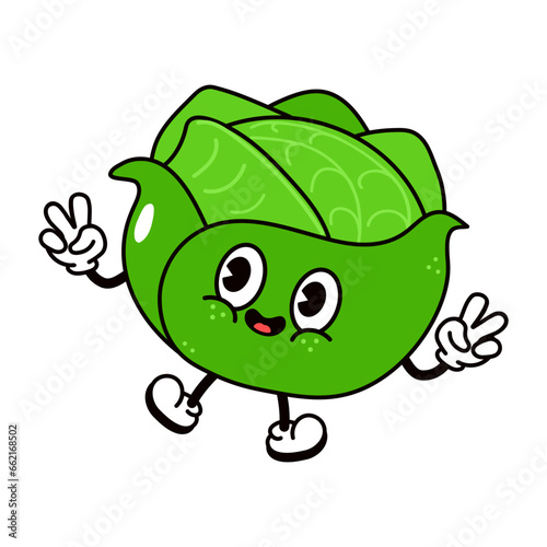 Jumping Cabbage character. Vector hand drawn traditional cartoon vintage, retro, kawaii character illustration icon. Isolated on white background. Cabbage jump character concept