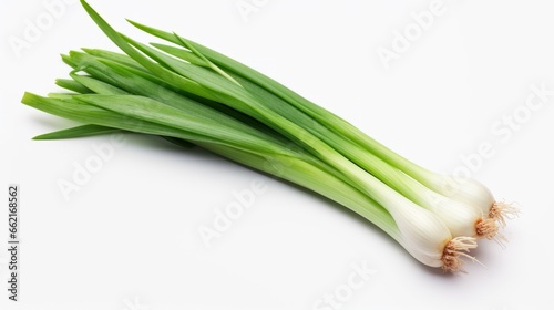 Photo of a pile of fresh green onions on a clean white background