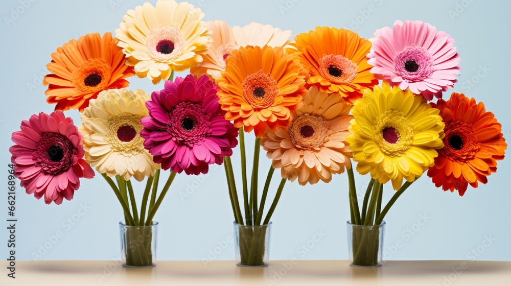 A group of vibrant gerbera daisies, each with its bold and cheerful color, gathered together to create a lively and cheerful composition