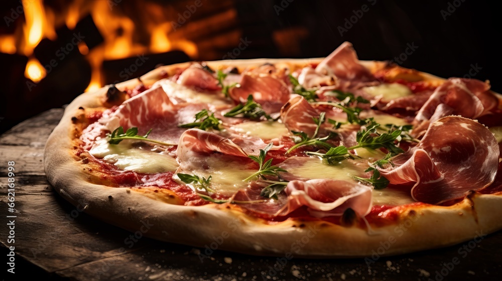 A close-up of a gourmet pizza topped with prosciutto