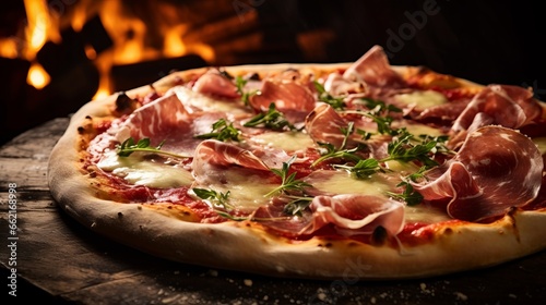 A close-up of a gourmet pizza topped with prosciutto