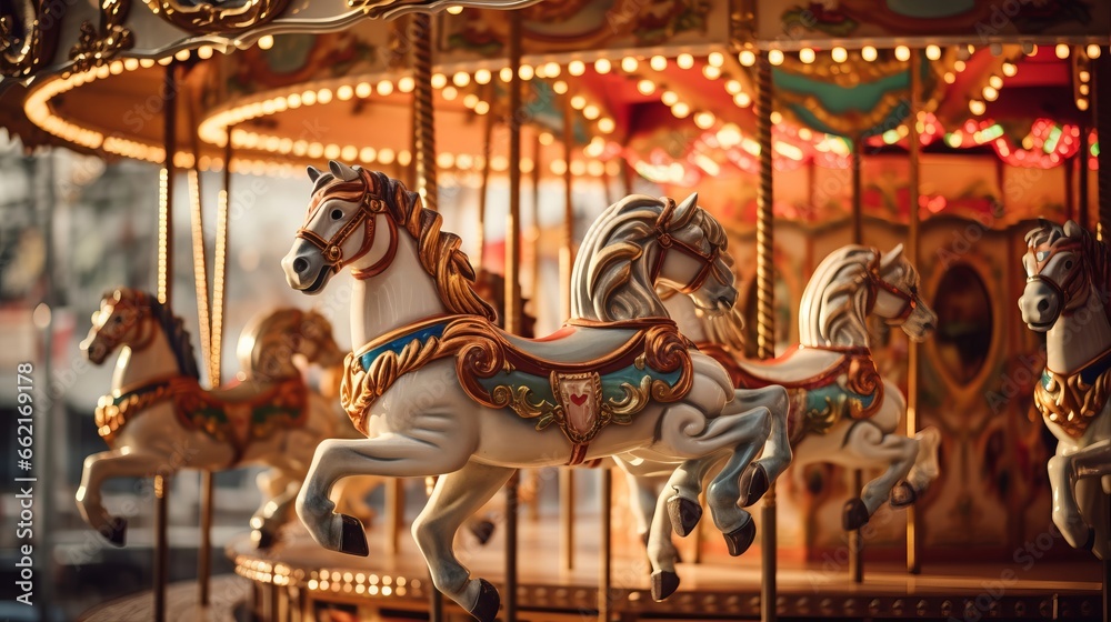 A festive Oktoberfest carousel with ornate horses - obrazy, fototapety, plakaty 