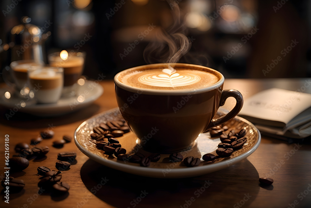 a steaming cup of espresso or a latte with intricate latte art in a cozy café setting.Ai Generative a steaming cup of espresso or a latte with intricate latte art in a cozy café setting.Ai Generative