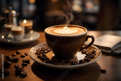 a steaming cup of espresso or a latte with intricate latte art in a cozy caf   setting.Ai Generative