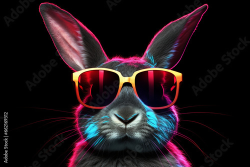 cute rabbit wearing glasses combination of neon lights, black background 3d rendering AI generative 