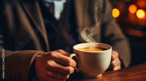 A person sipping a cup of steaming hot coffee in a cozy cafe