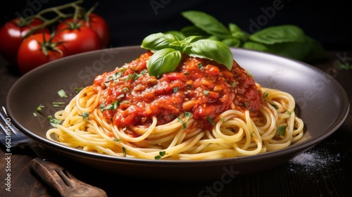 A rustic pasta dish with twirled spaghetti and rich tomato sauce