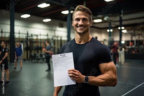 Portrait of workout personal trainer standing and looking camera with clipboard in fitness gym background.