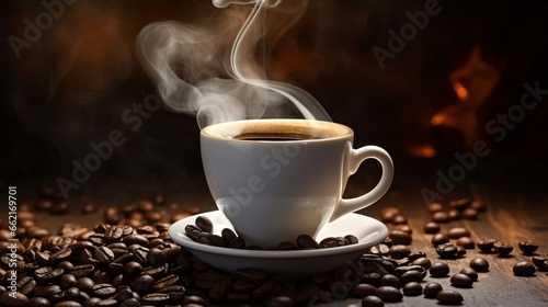 A steaming cup of coffee with beans in flight