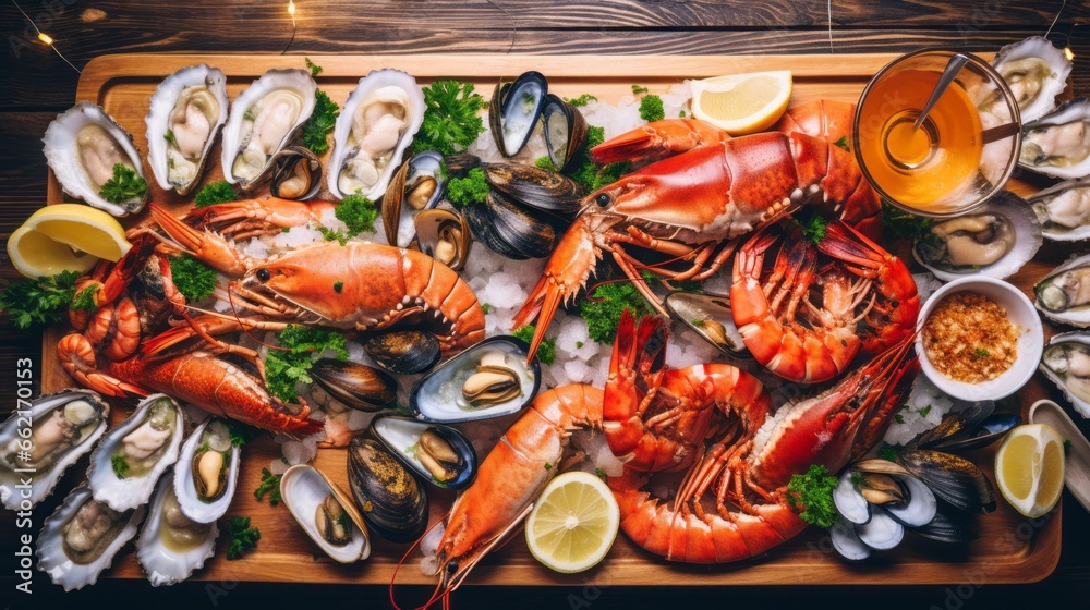 An overhead shot of a beautifully arranged seafood platter An overhead shot of a beautifully arranged seafood platter