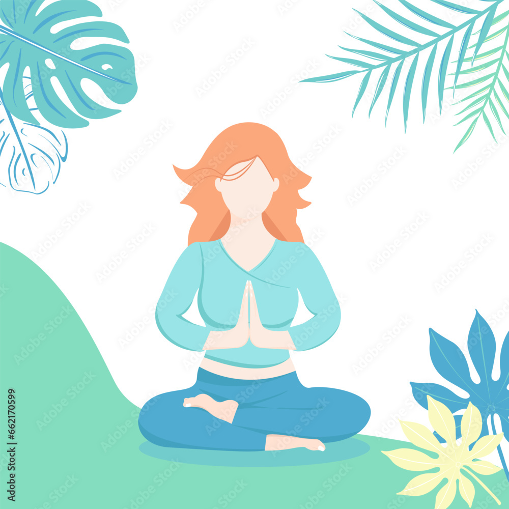 Girl meditating in the lotus position, around her beautiful tropical leaves. Vector illustration in faceless technic. Card, banner, paper, poster.