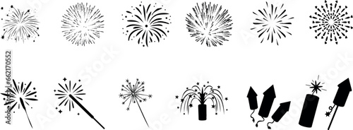 fireworks, sparklers, and rockets vector set. Perfect for New Year’s Eve, Fourth of July, and other celebrations. This art collection will add a festive explosion to your holiday graphics. 