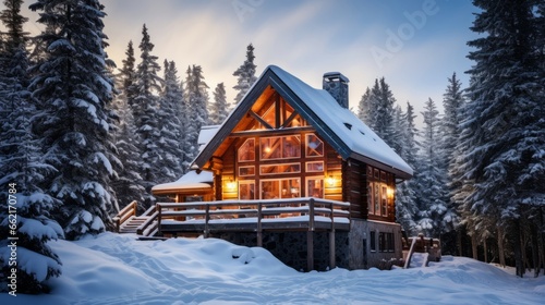 A cozy mountain cabin with snow-covered trees for a winter backdrop