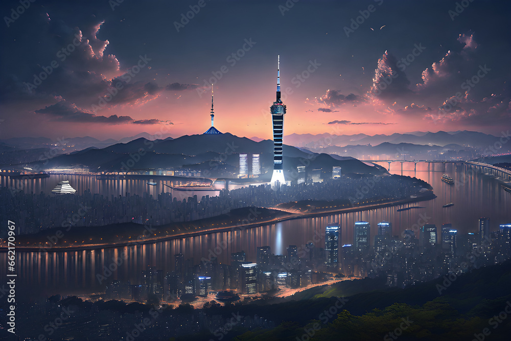 A night view of Seoul with the Han River, Namsan Tower, 63 Building, and LG Twin Towers. - obrazy, fototapety, plakaty 