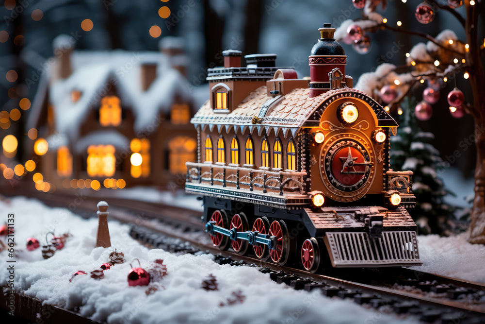 An illustration depicting a gingerbread train traveling on snow-covered rails through a village decorated in a festive theme. Generative AI