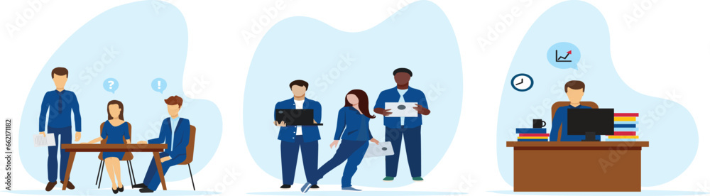 Office teamwork illustration set. Characters working busy people in office, company modern workplace interior with employees sitting tables and computers. Office teamwork illustration set. Characters working busy people in office, company modern workplace interior with employees sitting tables and computers.