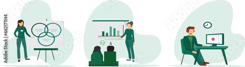 Office teamwork illustration set. Characters working busy people in office, company modern workplace interior with employees sitting tables and computers.